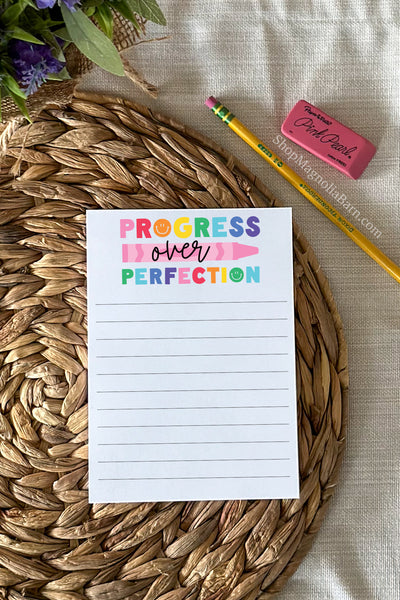 "Progress Over Perfection" Bright and Colorful Motivational Notepad